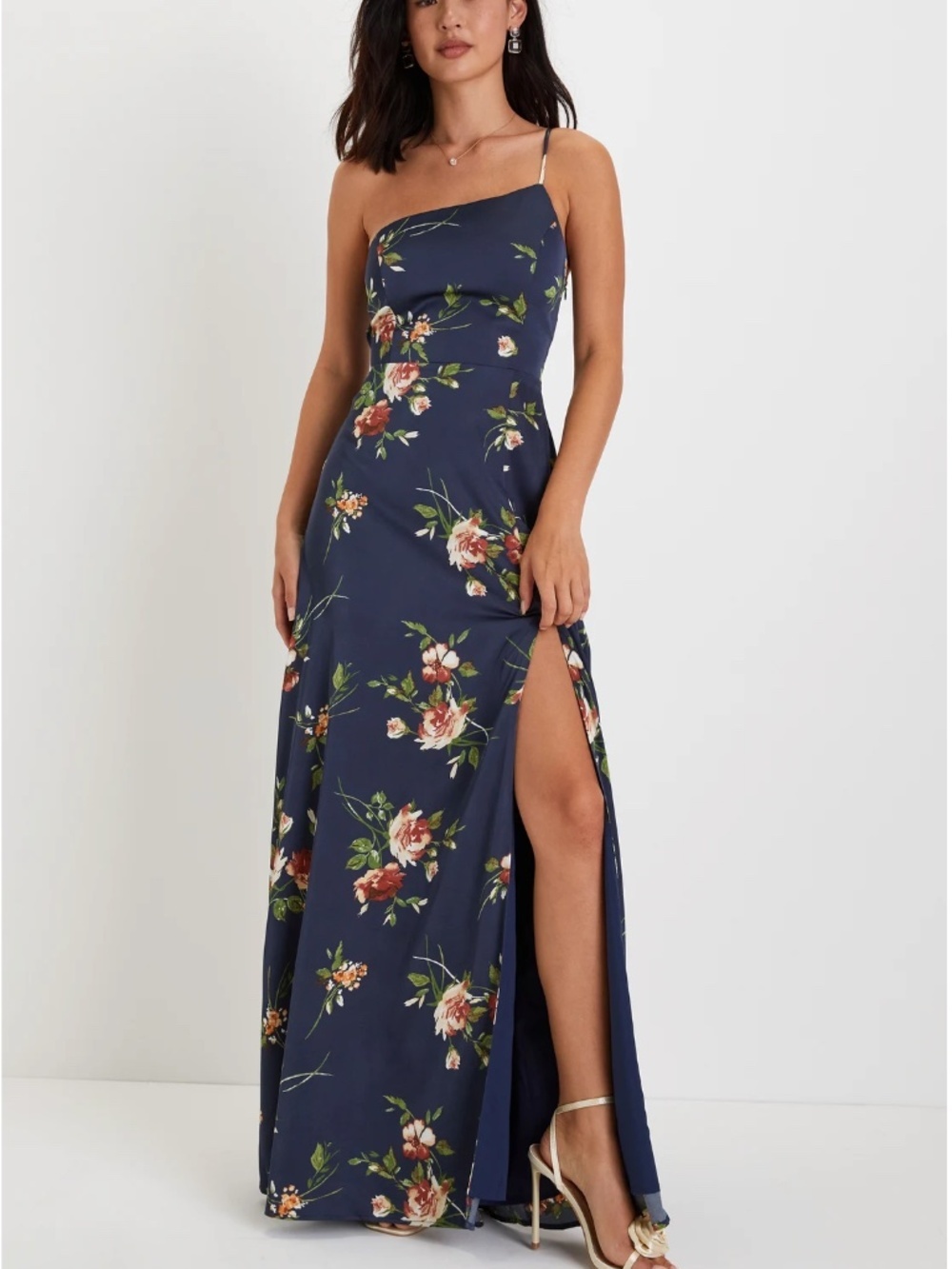 Lulus Exceptional Attraction Navy Floral One-Shoulder Maxi Dress Size XL NWT